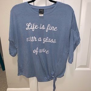 Modern Lux “Life is Fine with a Glass of Wine” ¾ Sleeve Light Blue Top, Size M